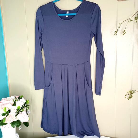 AUSELILY Women's Long Sleeve Pleated Loose Swing Casual Comfy Dress W/Pockets S - Picture 8 of 8